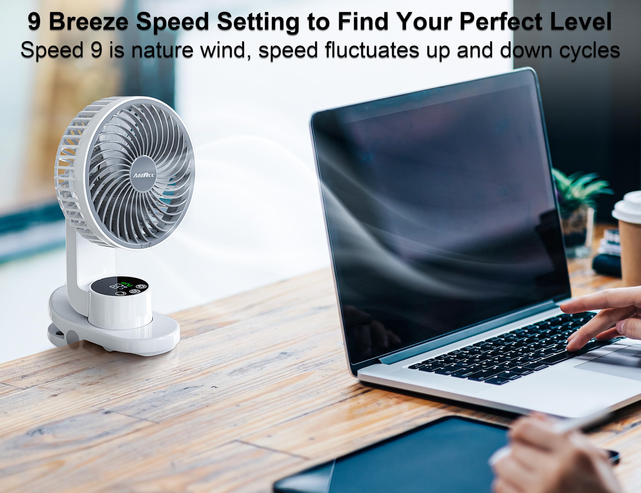 AddAcc Small Desk Fan, Rechargeable Clip On Fan with Atmosphere Light & Hook, Battery Operated Table Fan, Ultra Quiet, 9 Speed Auto Oscillation Desktop Fan for Bedroom Office Home Travel Camping