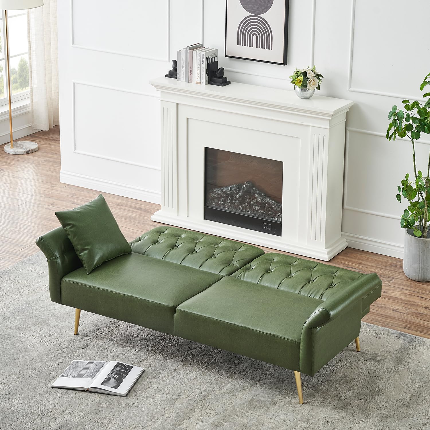 Modern PU Leather Futon Sofa Bed ,Convertible Upholstered Couch Bed Loveseat Sleeper, Folding Small Couches Loveseat, Reclining Sofa, Foldable Roll Arms with Pillow for Small Spaces (Green PU)