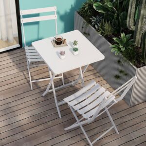 bostana 3-piece bistro set, steel folding bistro table and chairs set of 3 with 2 chairs and 1 square table, outdoor indoor patio bistro set for patio yard garden, white