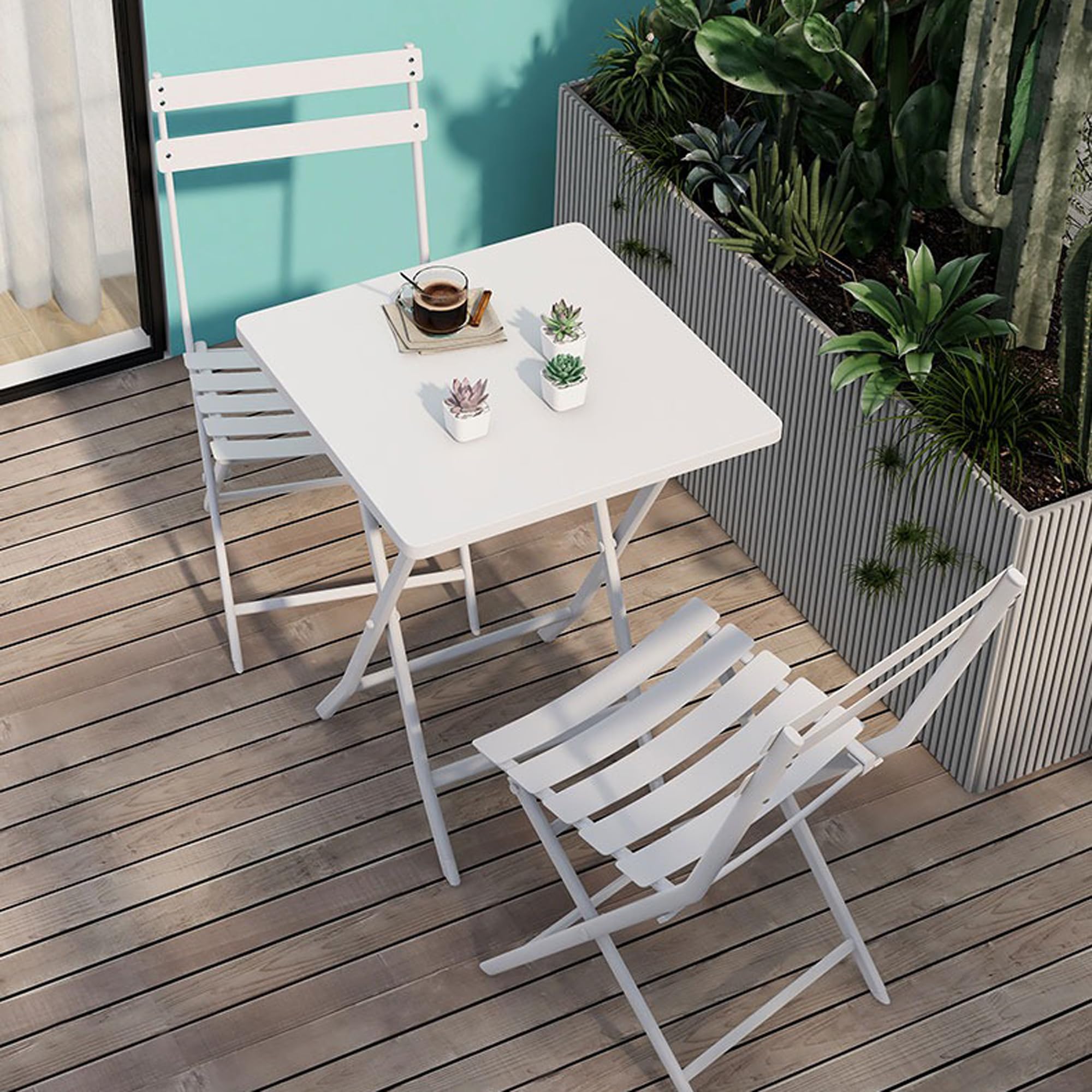 BOSTANA 3-Piece Bistro Set, Steel Folding Bistro Table and Chairs Set of 3 with 2 Chairs and 1 Square Table, Outdoor Indoor Patio Bistro Set for Patio Yard Garden, White