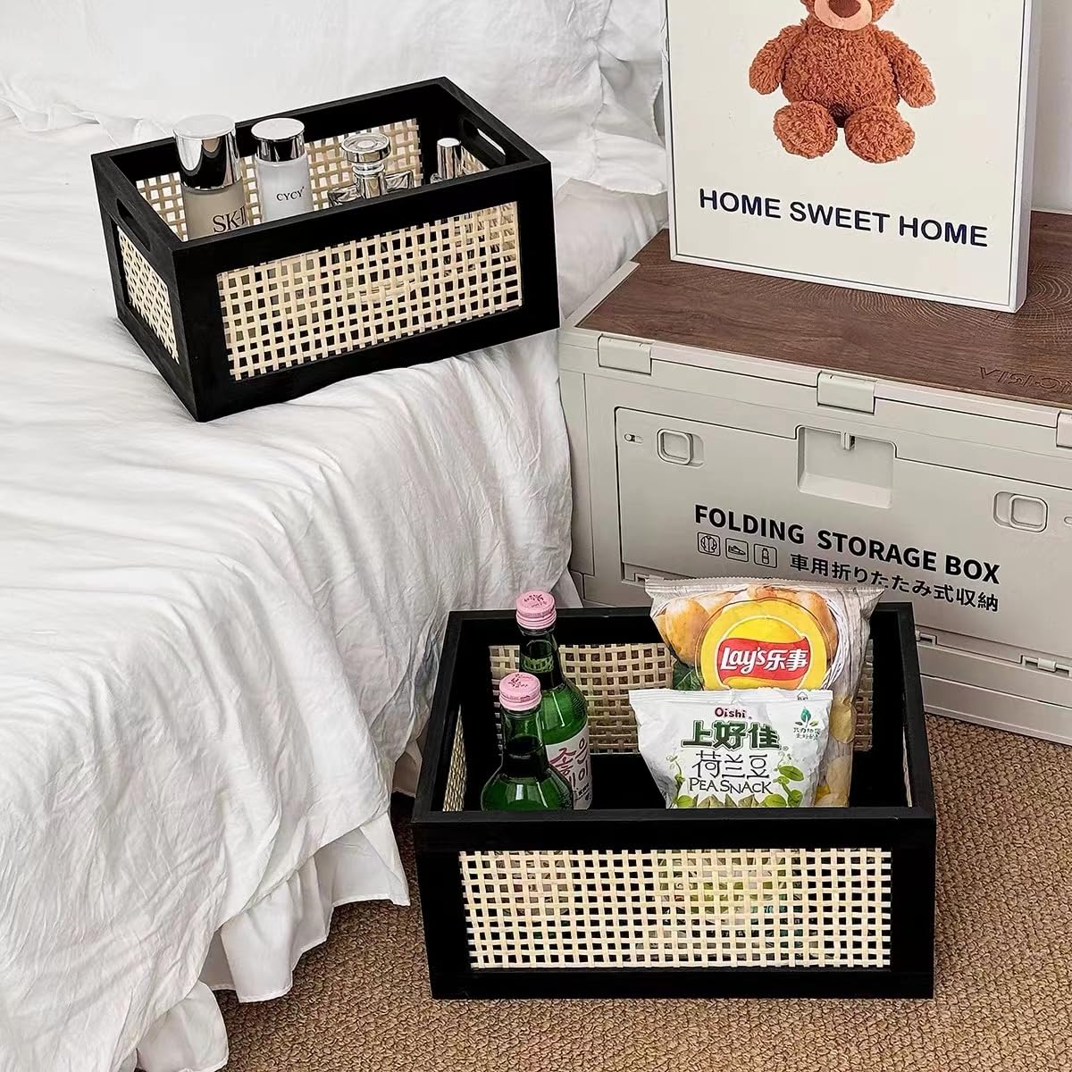 QRZLP Storage Basket, Wooden Bamboo Weaving Storage Basket Hand-Woven Desktop Storage Bins for Toys, Snacks, Office/Home Supplies, Cosmetics, etc. (S)