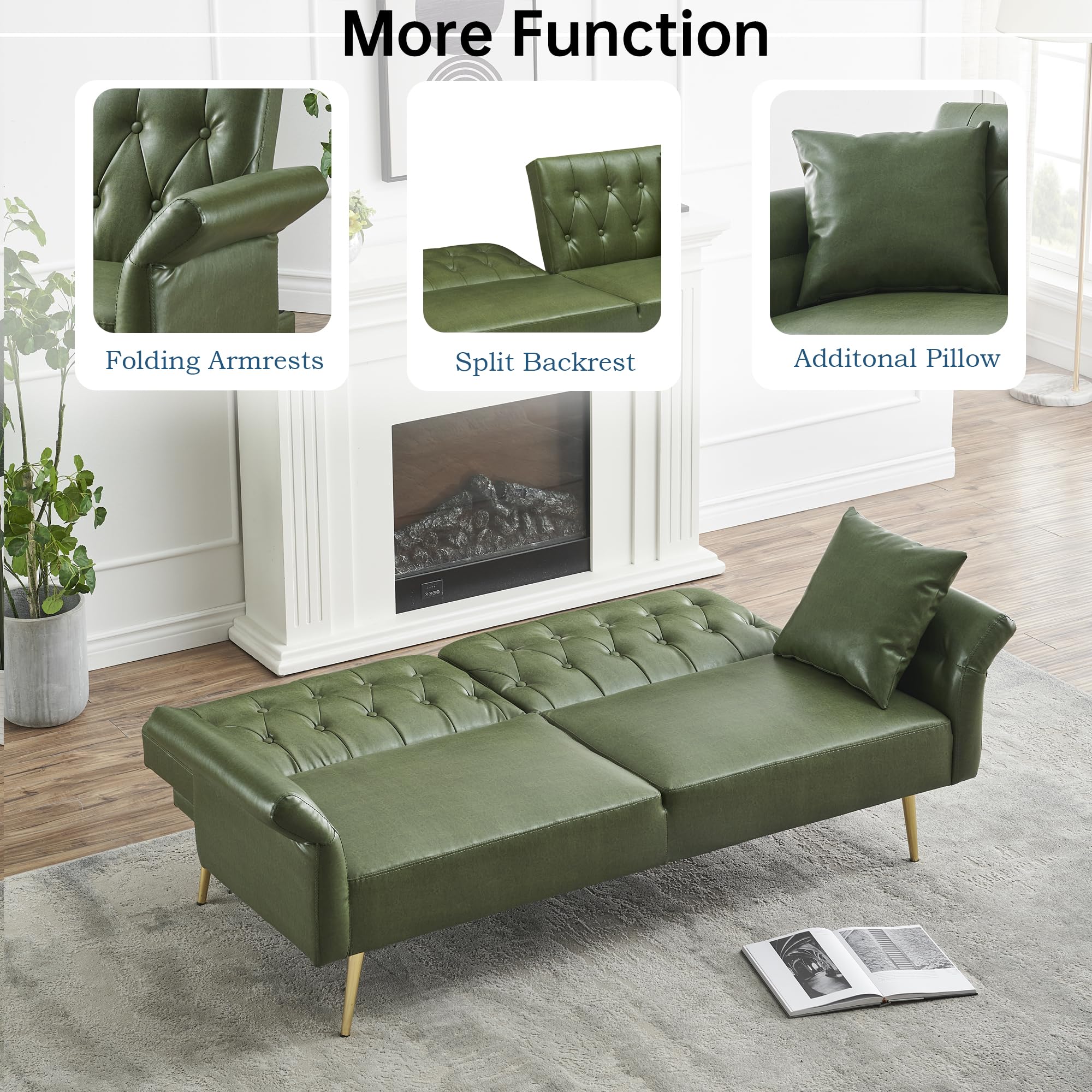 Modern PU Leather Futon Sofa Bed ,Convertible Upholstered Couch Bed Loveseat Sleeper, Folding Small Couches Loveseat, Reclining Sofa, Foldable Roll Arms with Pillow for Small Spaces (Green PU)