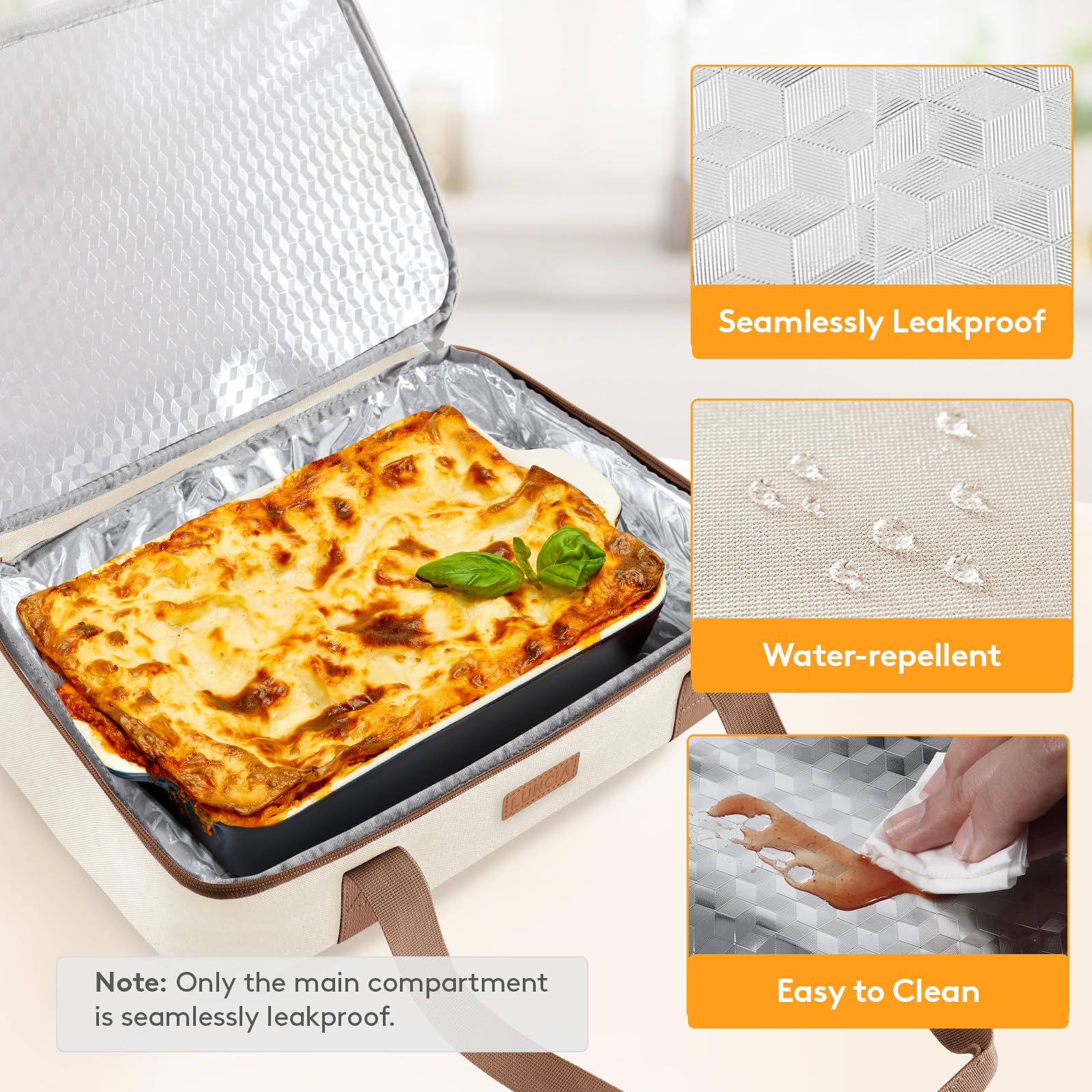 LUNCIA Insulated Casserole Carrier for Hot or Cold Food, Lasagna Lugger Tote for Potluck Parties/Picnic/Cookouts, Fits 9"×13" Baking Dish, Cream