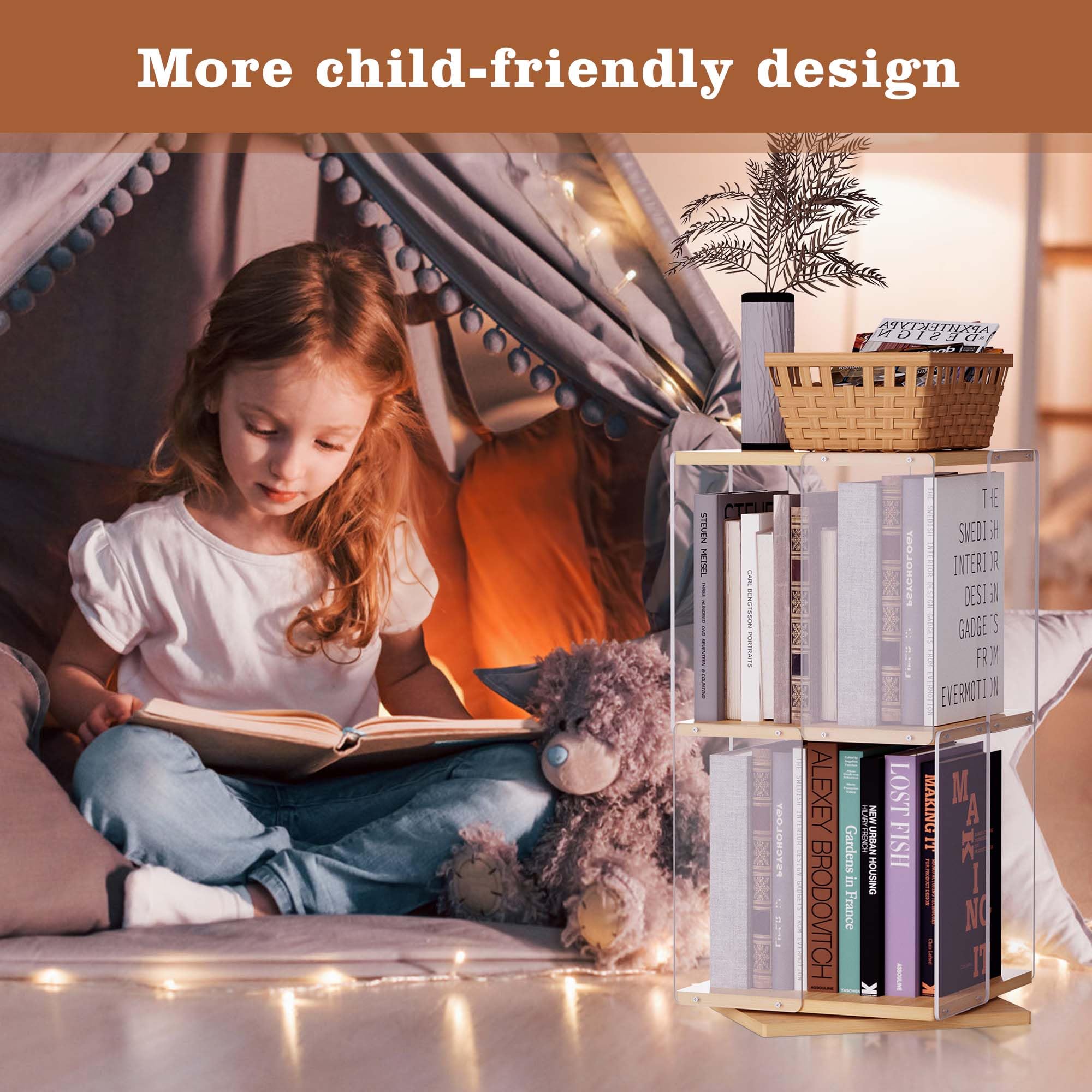 tonchean Rotating Bookshelf, 2-Tier Acrylic Bookcase Clear Floor Standing Display Case Bamboo Book Display Shelf for Classroom Playroom Bedroom Living Room