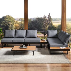 LUXOAK 6-Piece Patio Furniture Sets, Outdoor Aluminum Furniture Sofa, with Wood Side Table & Washable Cushions