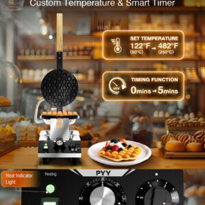 PYY Bubble Waffle Maker - Commercial Egg Puff Waffle Iron Machine, 1500W 122-482℉ Electric Stainless Steel Hong Kong, 30 Egg Cones | 180° Rotating| Black Non-stick Coating | Crumb Tray | Wooden Handle