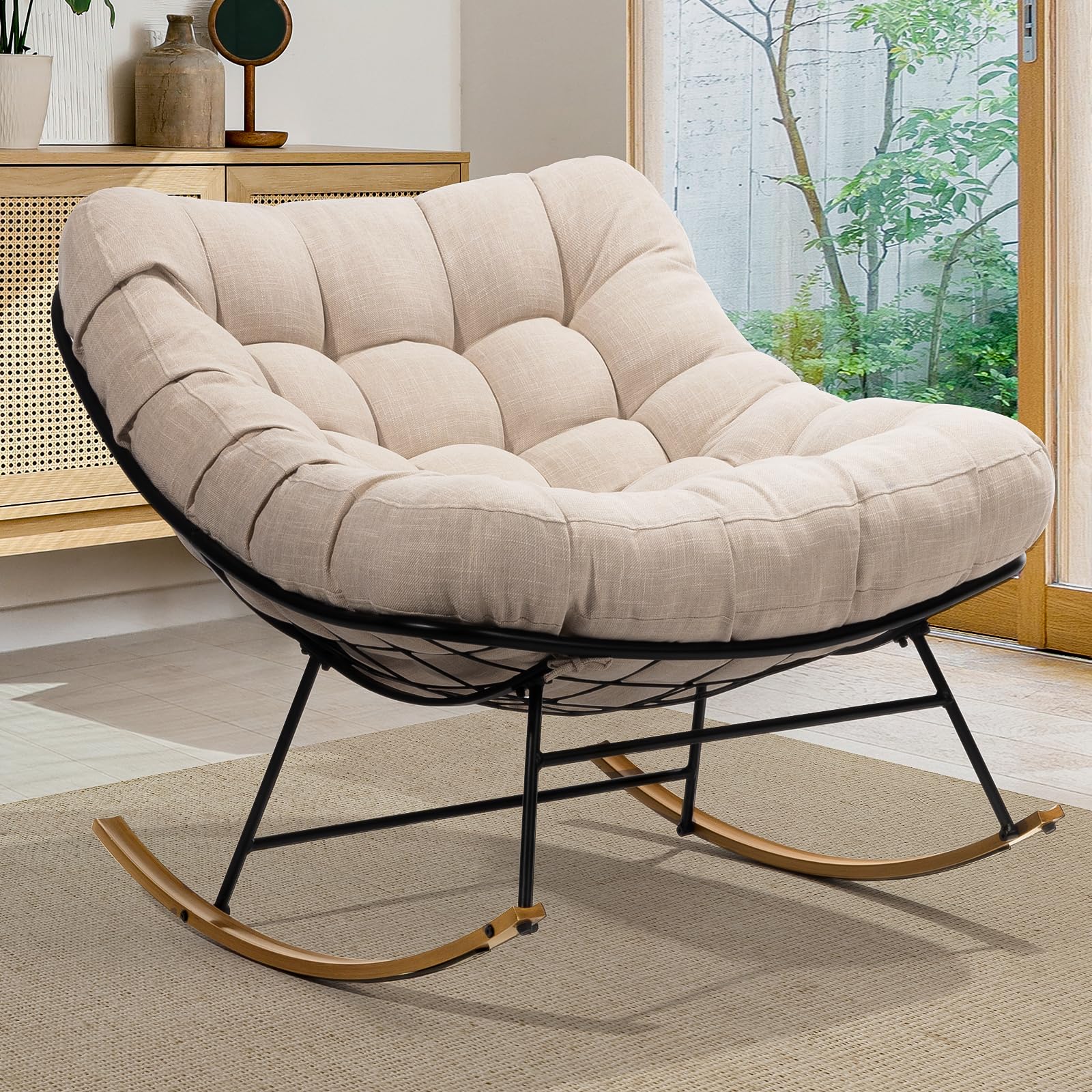 Bme Patio Rocking Chair Outdoor and Indoor, Modern Metal Lounge Rocker with Thick 7'' Cushion, 400lbs Capacity, Ergonomic Design, Easy Assembly, Beige Cushion - Wood Texture Rocker