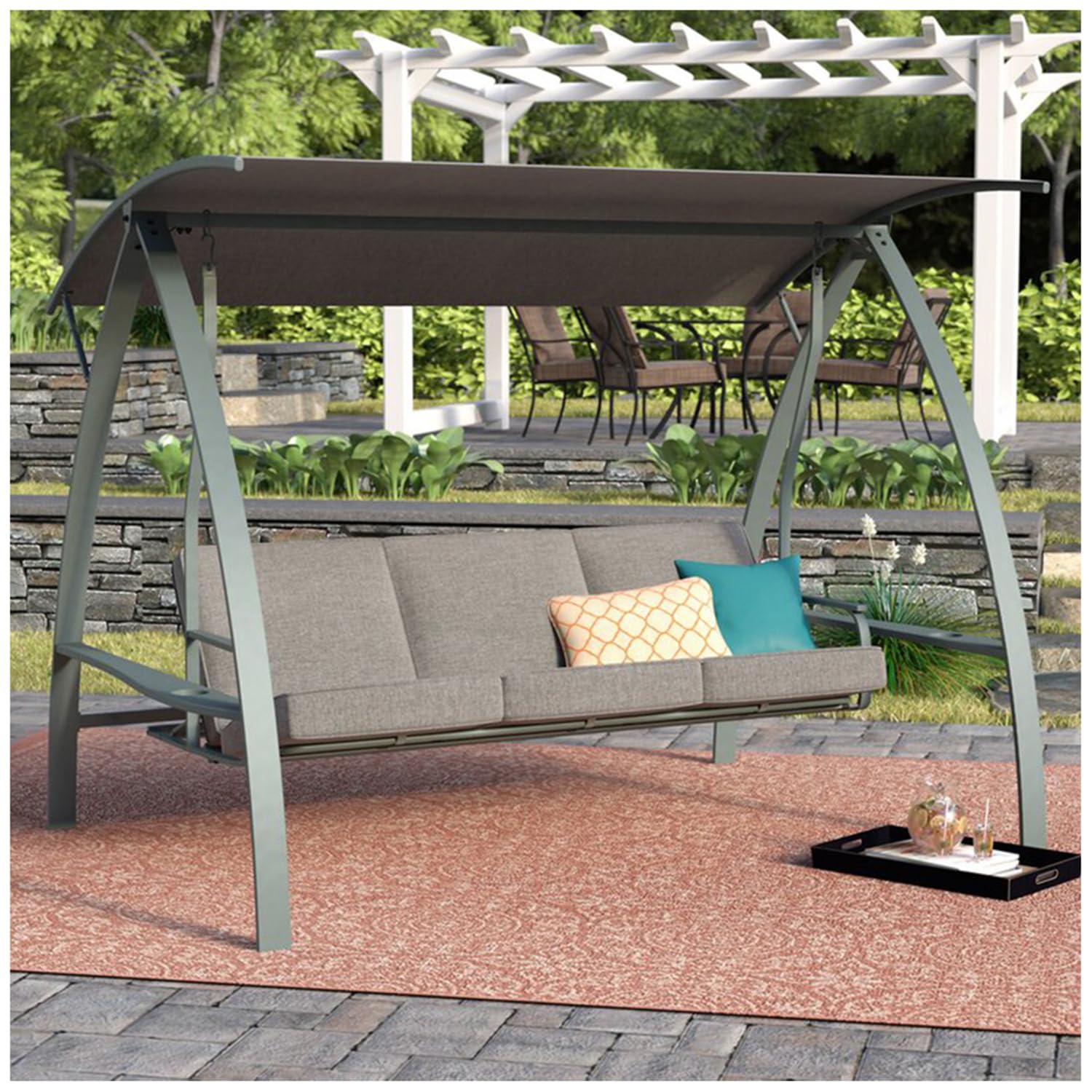 3-Seat Daybed Porch Swing with Cushions, 3 Person Patio Swinging Bench Chair, Outdoor Porch Swing with Adjustable Canopy & Weather Resistant Steel Frame(Minor Scratches)