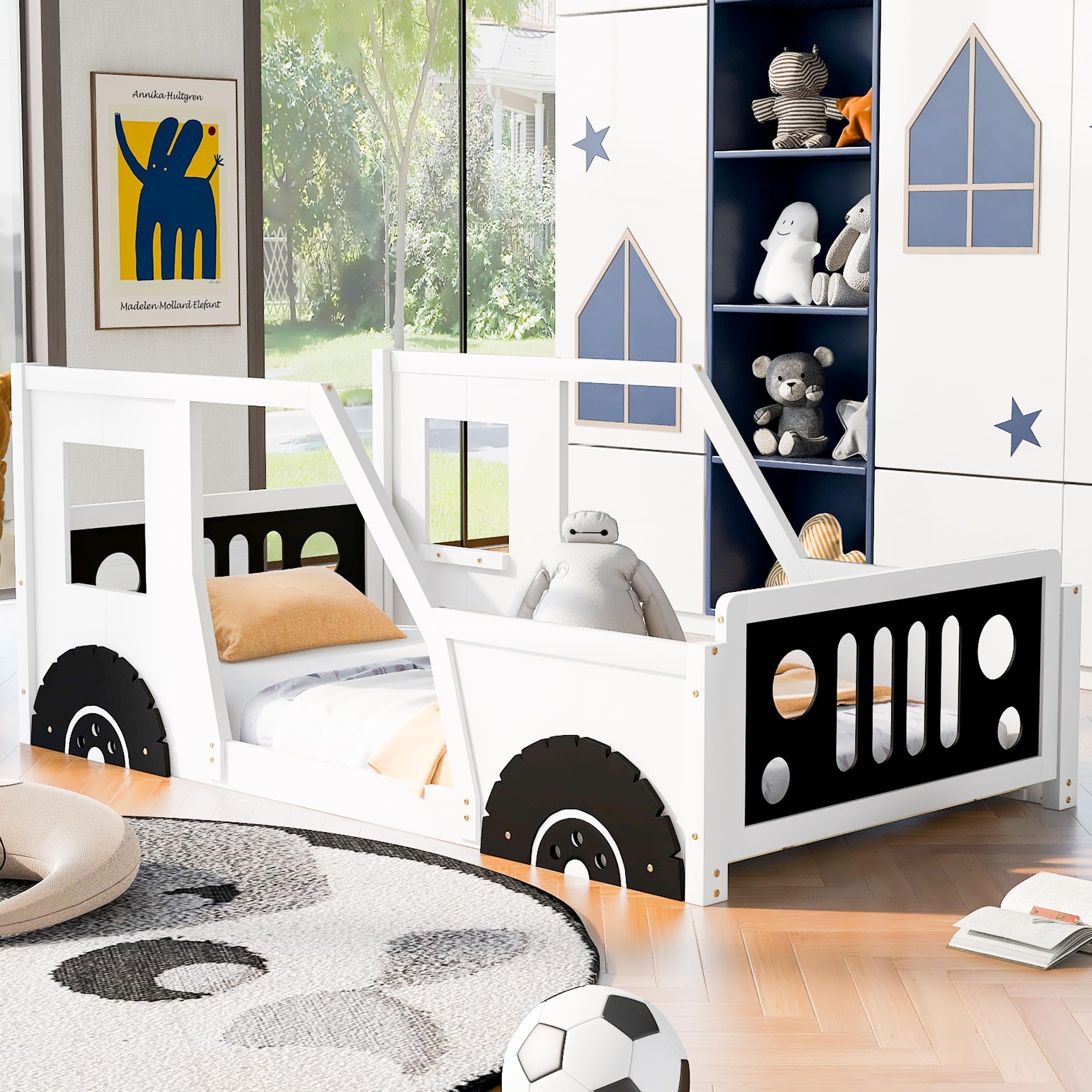 Jigichu Twin Size Classic Car-Shaped Platform Bed with Wheels for Boys Car Bed Frames for Kids 77.4''L*41.7''W*32''H (White, Twin)