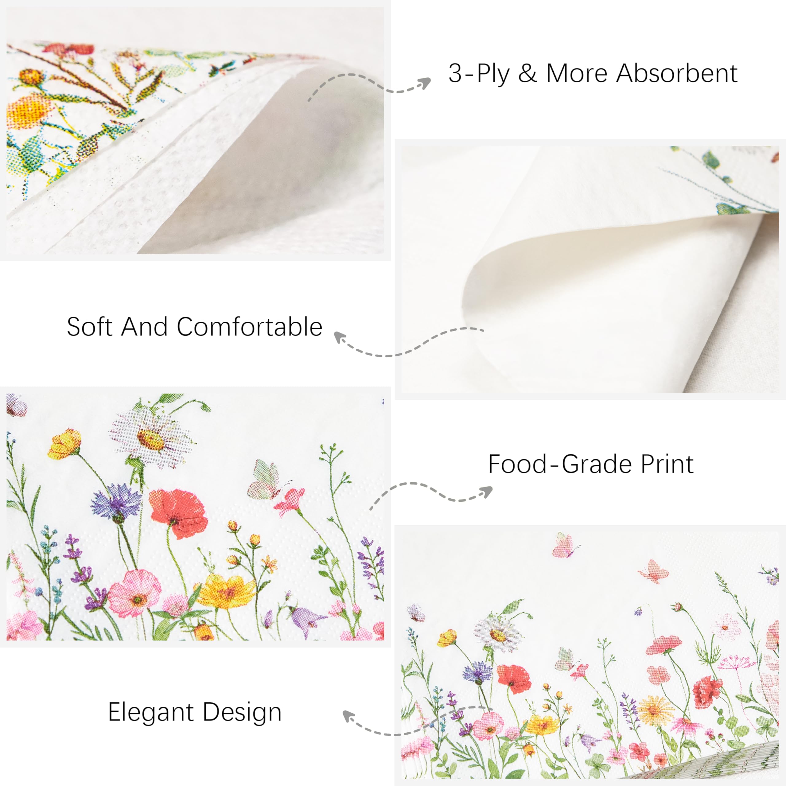 Crisky 100 Pcs Wildflower Floral Luncheon Disposable Napkins for Wedding/Engagement/Bridal Shower/Baby Shower/Anniversary Party Decoration, 3-Ply