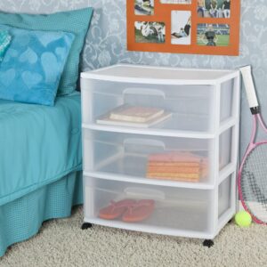 AtPRd Plastic Storage Drawer Cart, Medium Home Organization Storage Container with 3 Large Clear Drawers With Wheels (White)