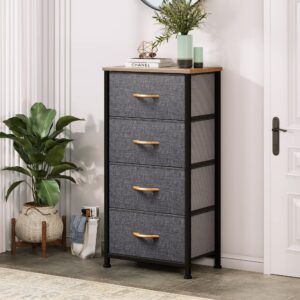 DWVO 4 Drawers Dresser, Small Dresser for Bedroom, Fabric Storage Tower, Chest of Drawers, Organizer Unit for Closets, Living Room, Sturdy Steel Frame, Wooden Top, Easy Pull Handle