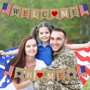 Stcomart Pre-Strung Welcome Home Banner, Burlap Patriotic Welcome Home Decorations for Army Navy Marines Air Force Homecoming Decoration