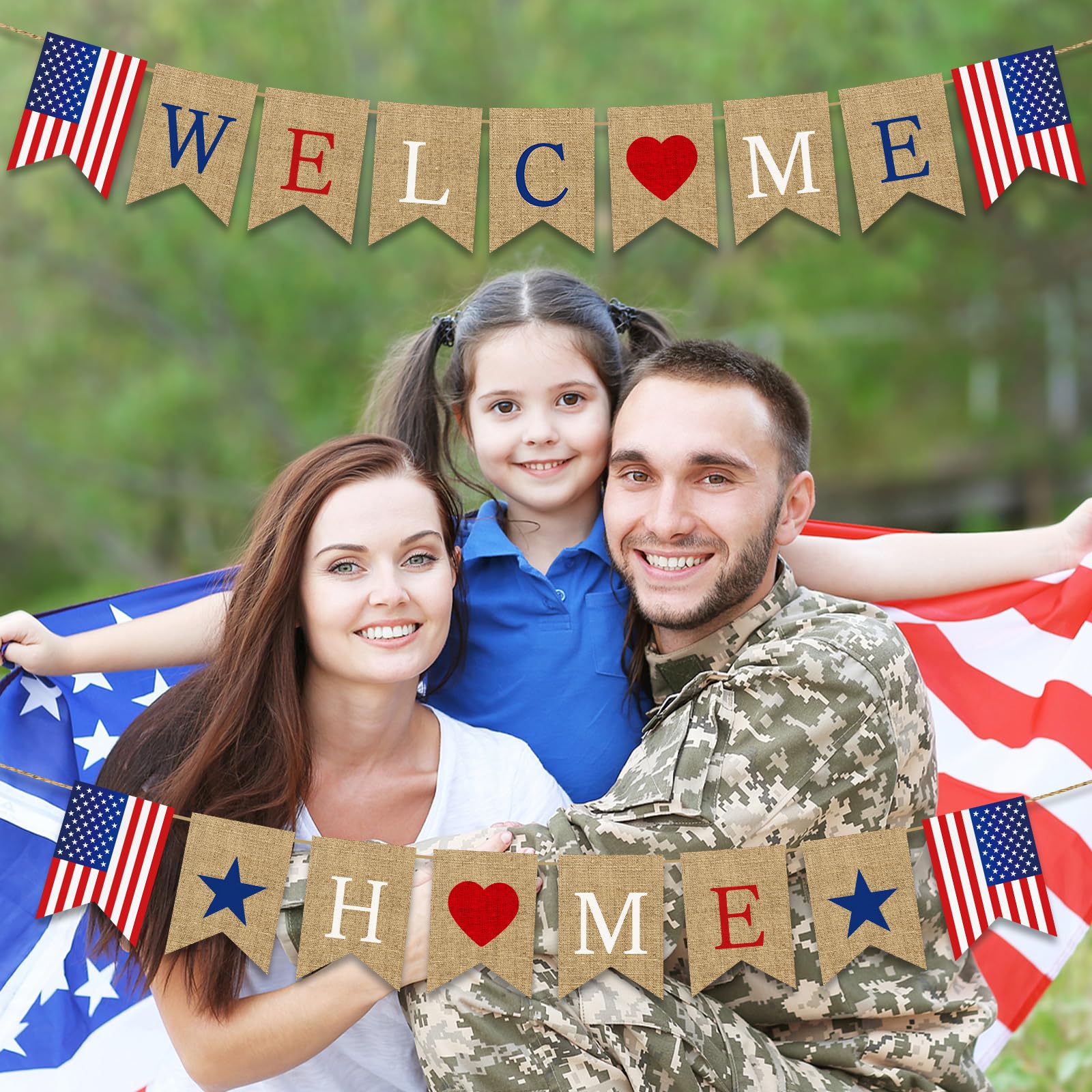 Stcomart Pre-Strung Welcome Home Banner, Burlap Patriotic Welcome Home Decorations for Army Navy Marines Air Force Homecoming Decoration