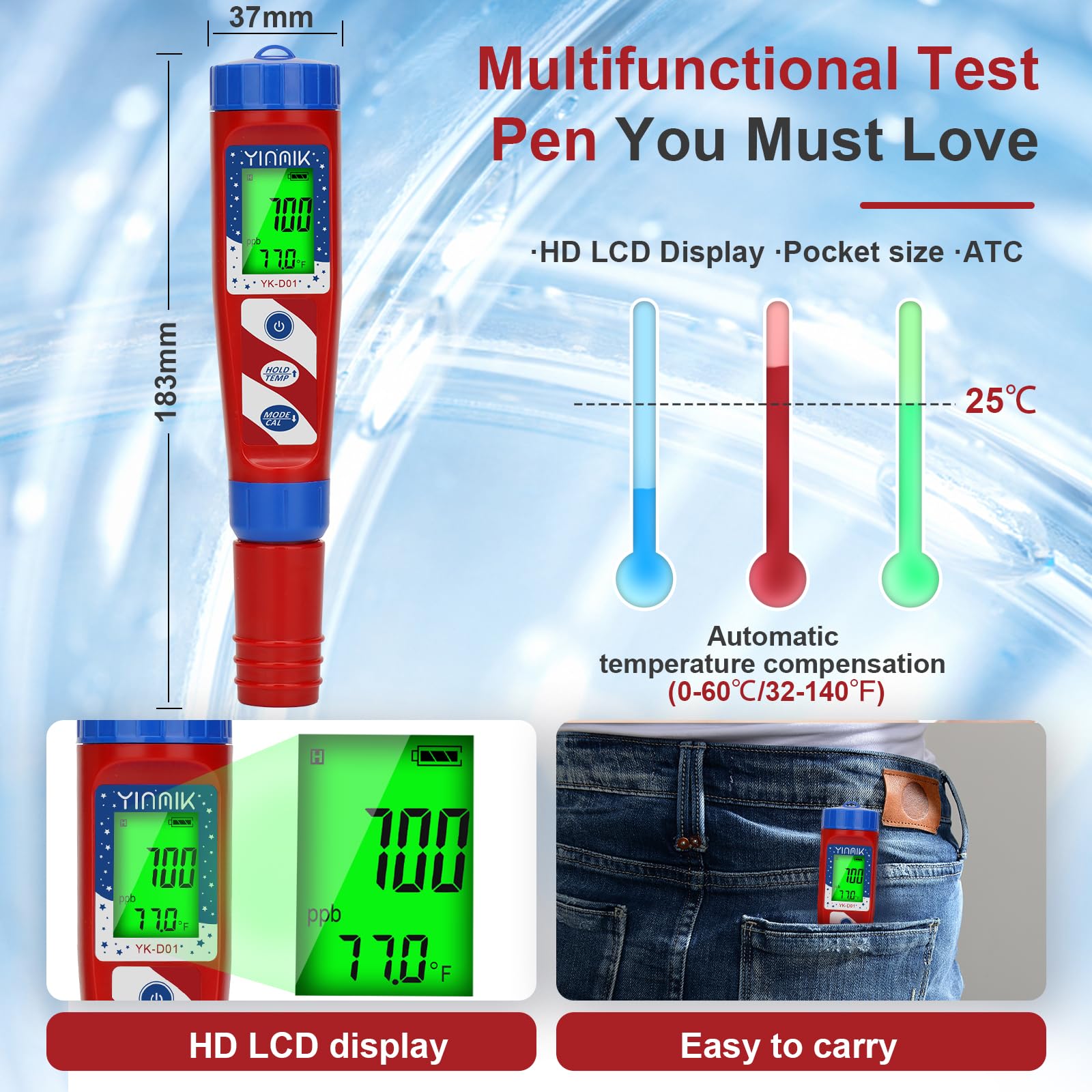 Hydrogen Water Tester, YINMIK 2024 Hydrogen Tester, Digital Hydrogen Water ppb/ppm Meter, Dissolved Hydrogen Test Pen, Accurate ORP Tester, 4 in 1 pH H2 ORP Temp Test kit for Hydrogen Water Bottle