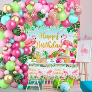 Hawaiian Luau Party Decorations,106PCS Hawaiian Themed Party Decorations Backdrop Balloon Flamingo tablecloth,Hibiscus Palm Leaves for Flamingo Birthday Party Decorations,Tropical Balloon Arch Kit