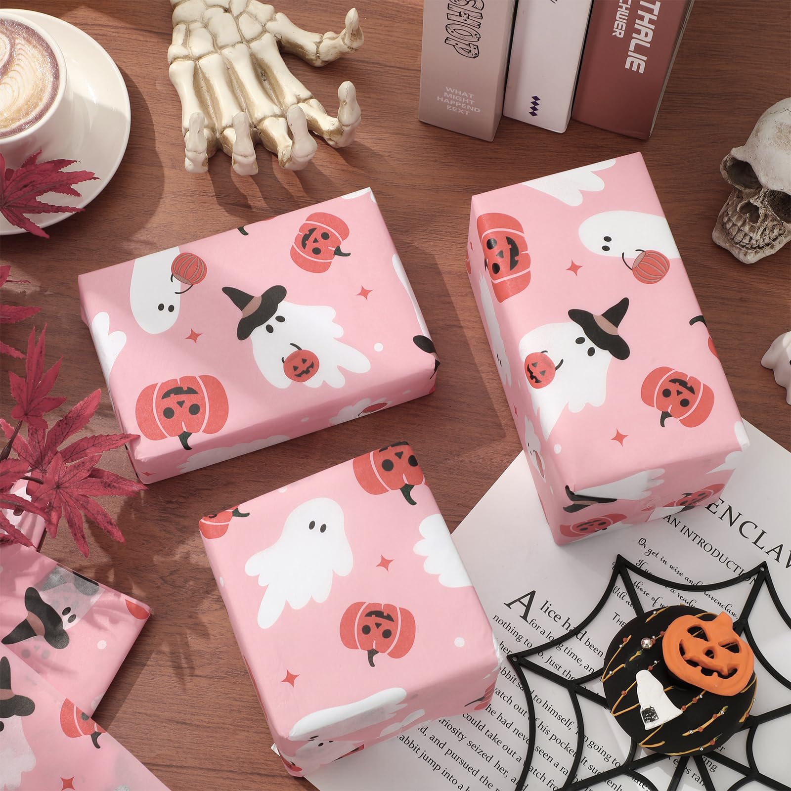 JarThenaAMCS 100 Sheet Halloween Tissue Paper Little Boo Gift Wrapping Paper Pink Pumpkin Ghost Decorative Art Paper for DIY Crafts Birthday Party Supplies, 14 x 20 Inch