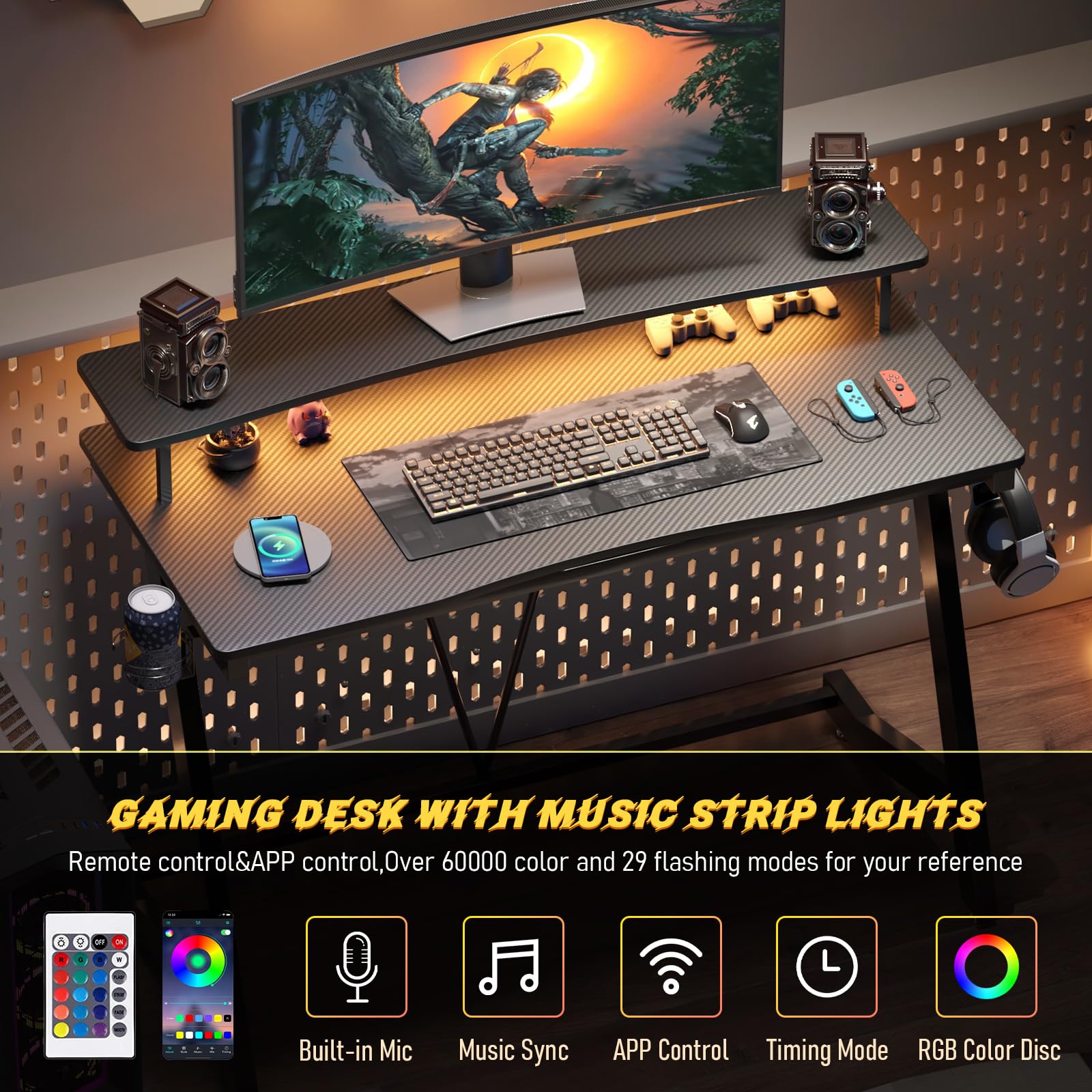 TREETALK Gaming Desk with Power Outlets & Music Strip Lights,Computer Desk with Large Monitor Stand, PC Laptop Table for Small Spaces, Gamer Workstation with Cup Holder, Headphone Hook for Home Office