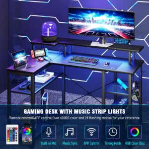 TREETALK Gaming Desk with Power Outlets & Music Strip Lights, L-Shaped Desk with 2-Layer Storage on Both Sides, Large Monitor Stand for Office Home