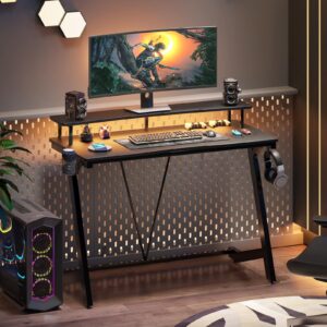 TREETALK Gaming Desk with Power Outlets & Music Strip Lights,Computer Desk with Large Monitor Stand, PC Laptop Table for Small Spaces, Gamer Workstation with Cup Holder, Headphone Hook for Home Office