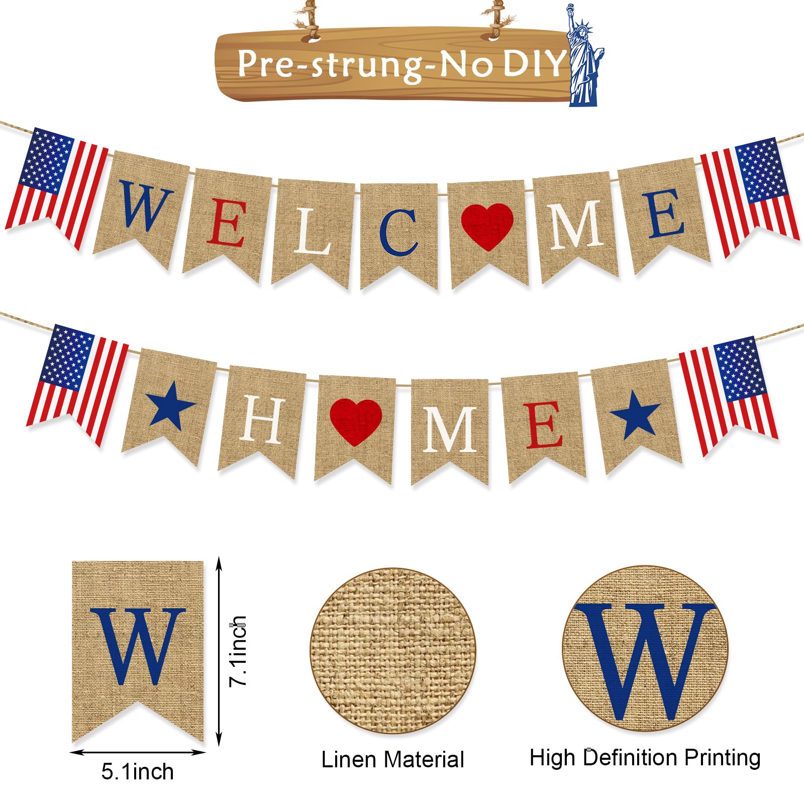 Stcomart Pre-Strung Welcome Home Banner, Burlap Patriotic Welcome Home Decorations for Army Navy Marines Air Force Homecoming Decoration