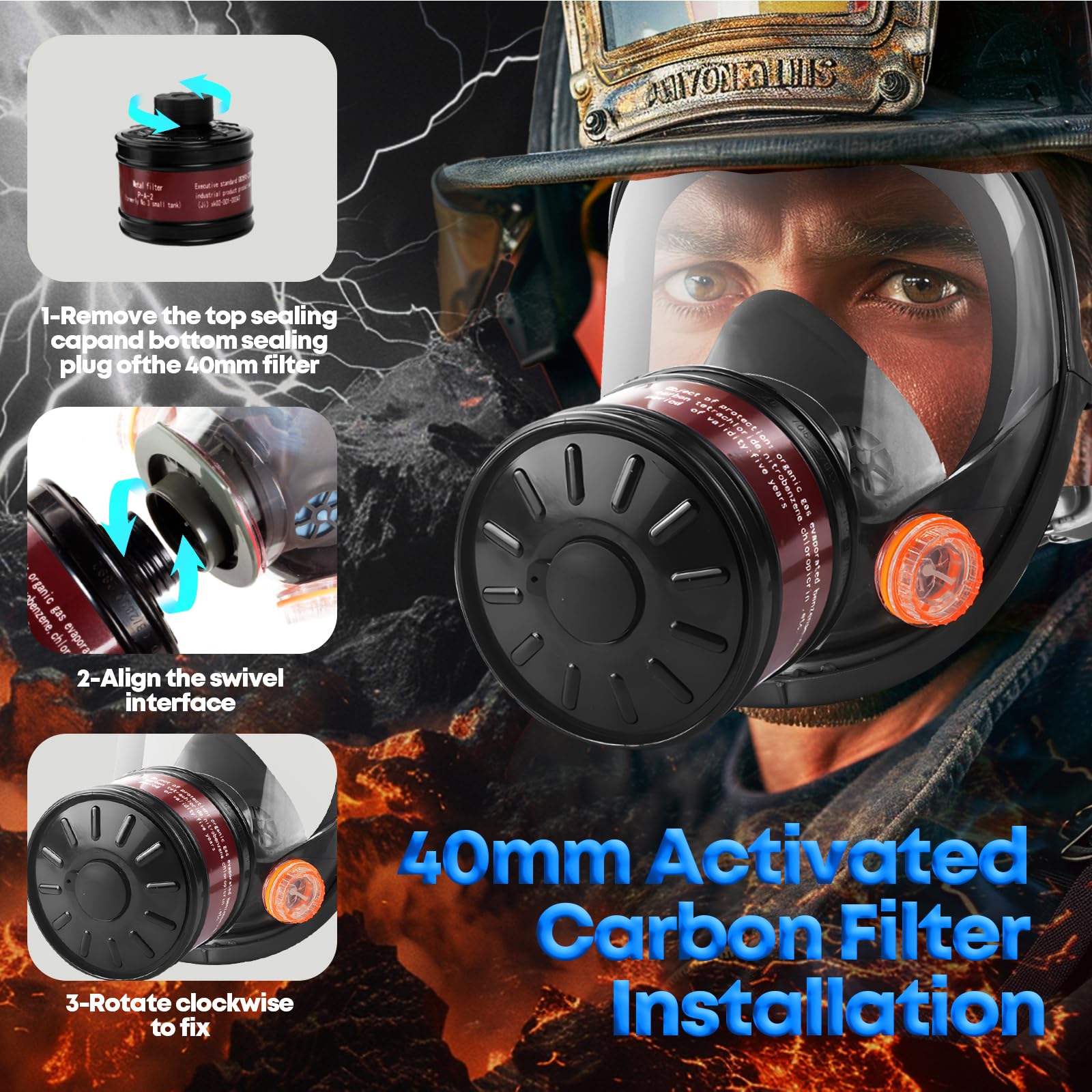 UXLXLK Full Face Gas Mask: Gas Masks Survival Nuclear and Chemical with 40mm & P-A-1 Activated Carbon Filter Full Face Respirator Mask Used for Dust Spray Machining Soldering Polishing Welding