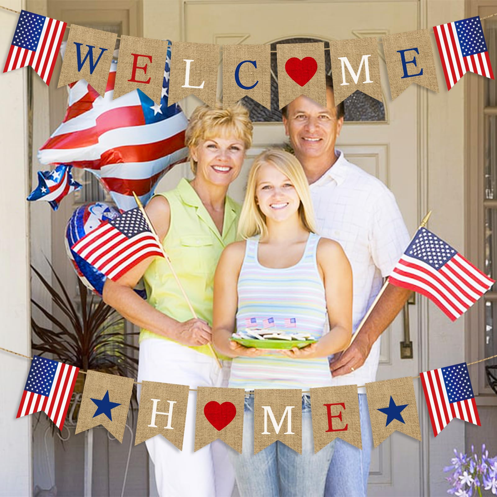 Stcomart Pre-Strung Welcome Home Banner, Burlap Patriotic Welcome Home Decorations for Army Navy Marines Air Force Homecoming Decoration