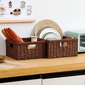 LGENHOOM Wicker Storage Basket with Built-in Handles, Paper Rope Basket for Organizing, Hand Woven Storage Baskets, Set of 2, Large and Small, Brown