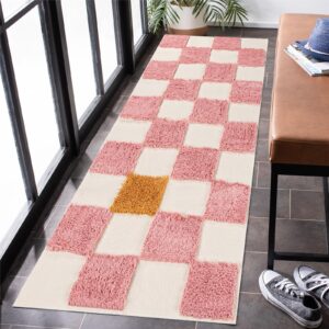 LINROMIA Hallway Runner Rug, 2'x4.3' Checkered Tufted Area Rug Washable Living Room Rug Cotton Woven Checkerboard Accent Rug Farmhouse Bath Mat Decor for Bedroom Bathroom,Pink and Yellow