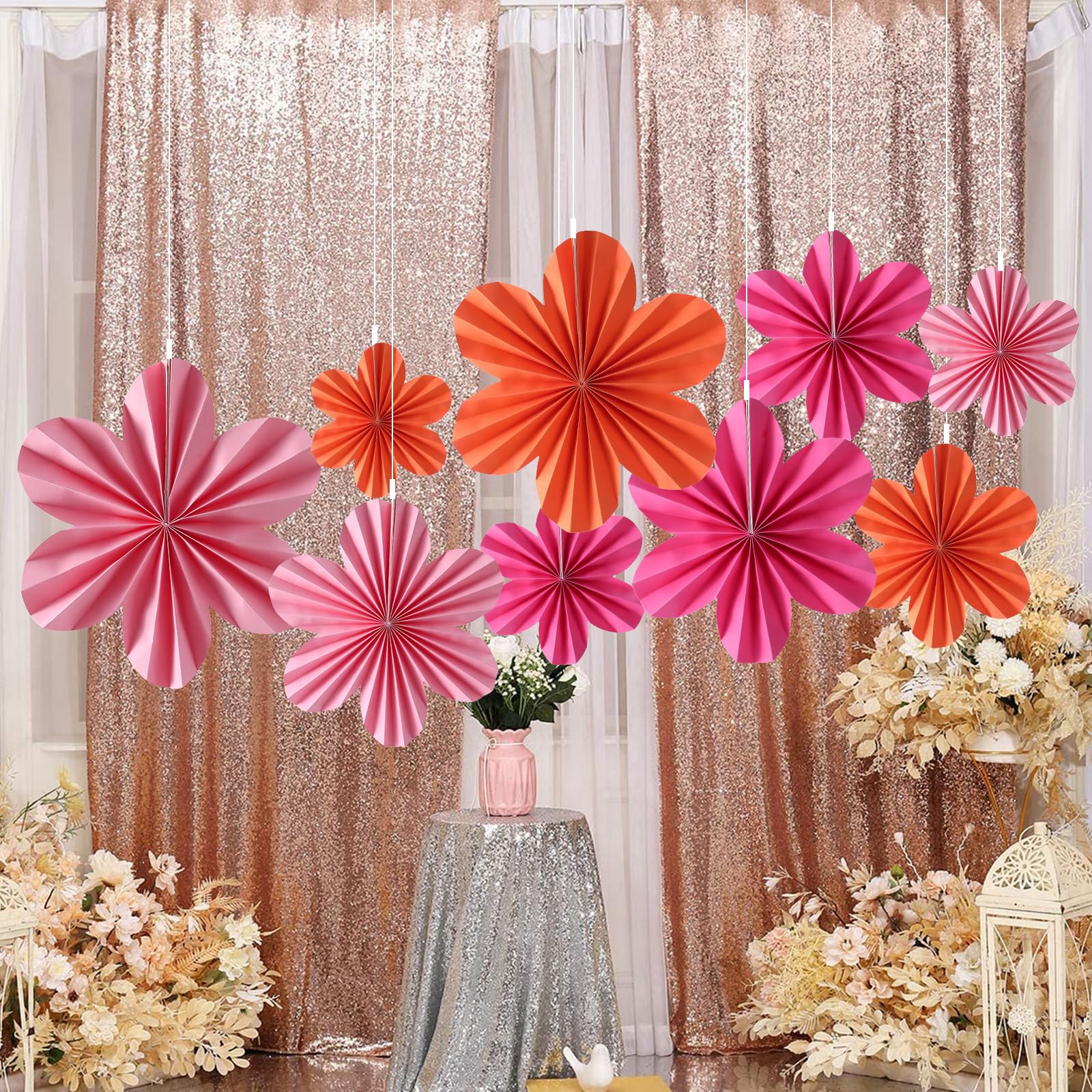 Paper Flowers Decorations Heart Wall Paper Fans for Celebration/Wedding/Birthday/Carnival/Welcome Party Decorations,Rainbow,Set of 9 (Rose/Pink/Orange)