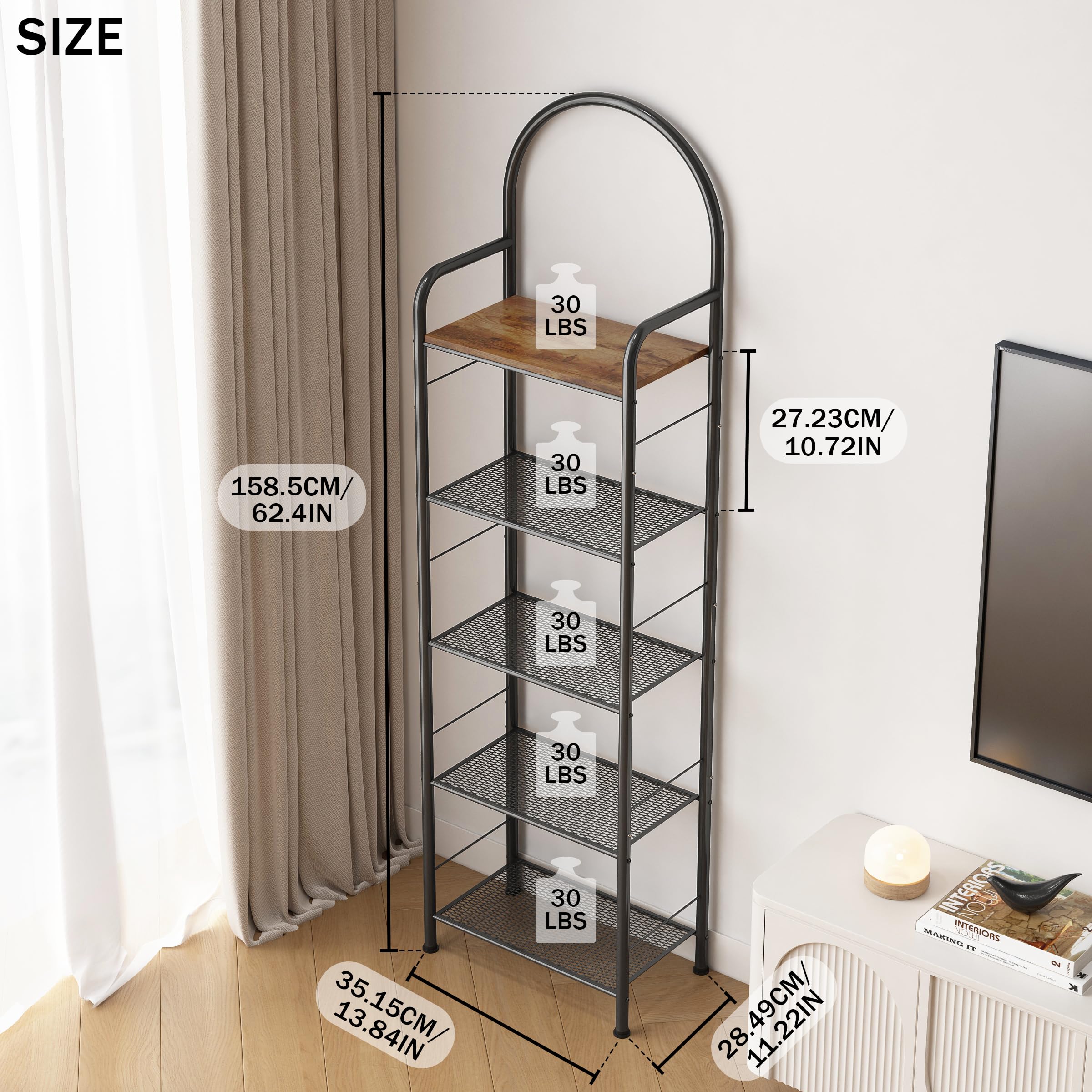 COVAOQD Book Shelf 5 Tier Slim Bookshelf Standing Shelf Slim Shelving Unit for Bedroom, Bathroom, Home Office