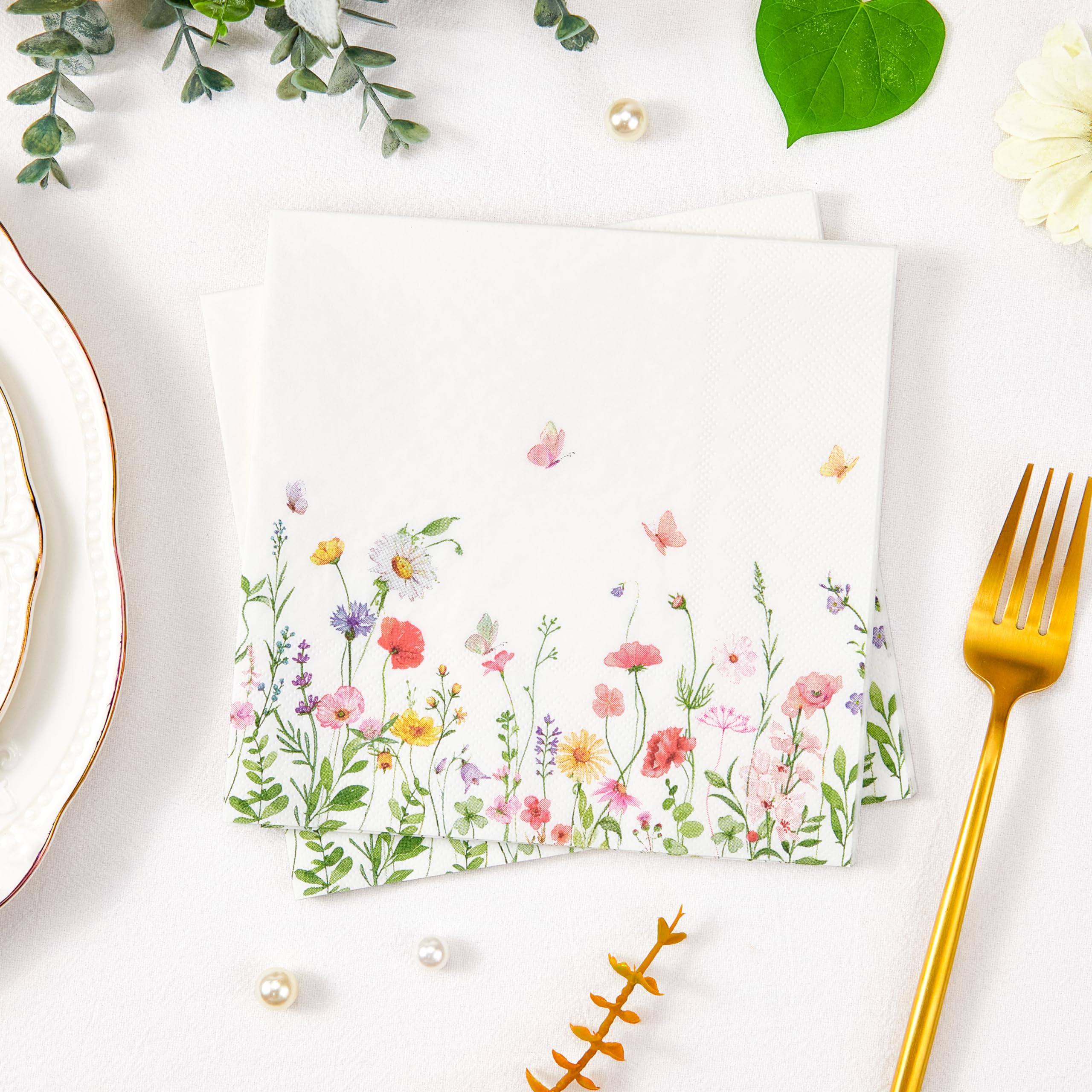 Crisky 100 Pcs Wildflower Floral Luncheon Disposable Napkins for Wedding/Engagement/Bridal Shower/Baby Shower/Anniversary Party Decoration, 3-Ply