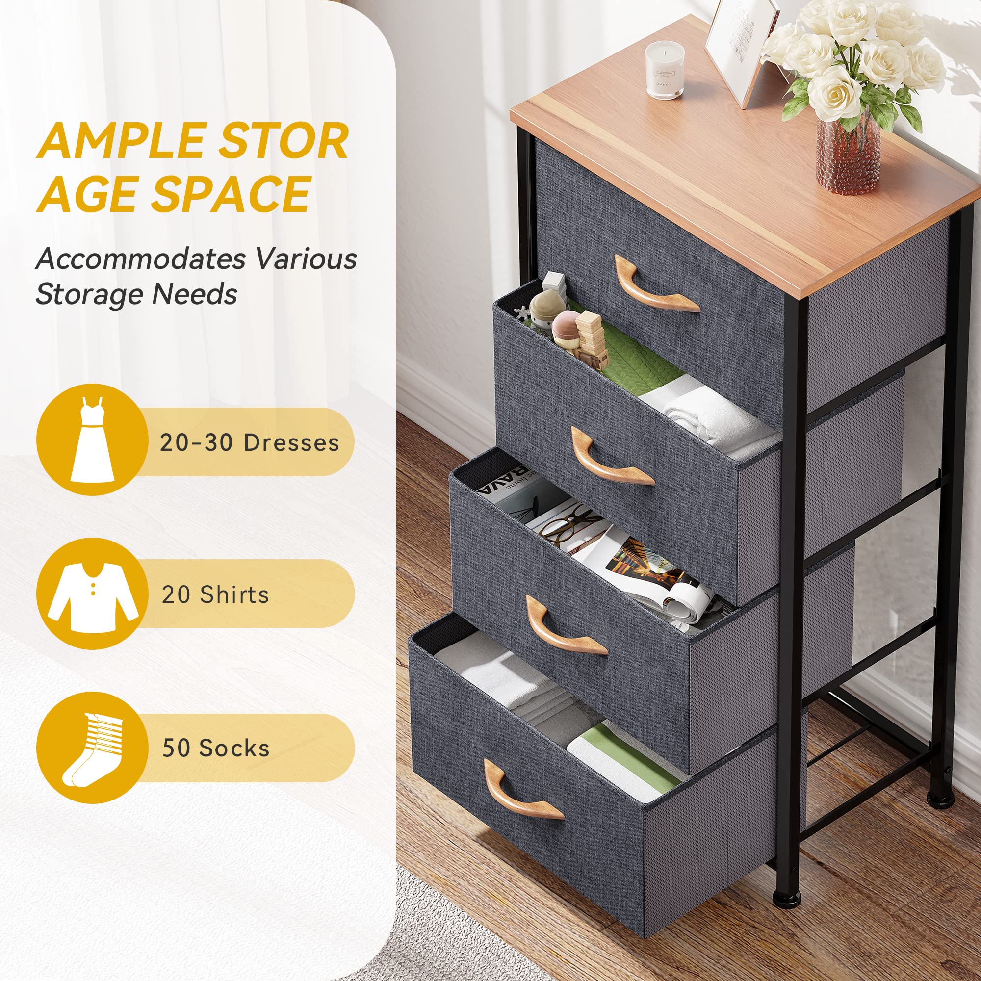 DWVO 4 Drawers Dresser, Small Dresser for Bedroom, Fabric Storage Tower, Chest of Drawers, Organizer Unit for Closets, Living Room, Sturdy Steel Frame, Wooden Top, Easy Pull Handle