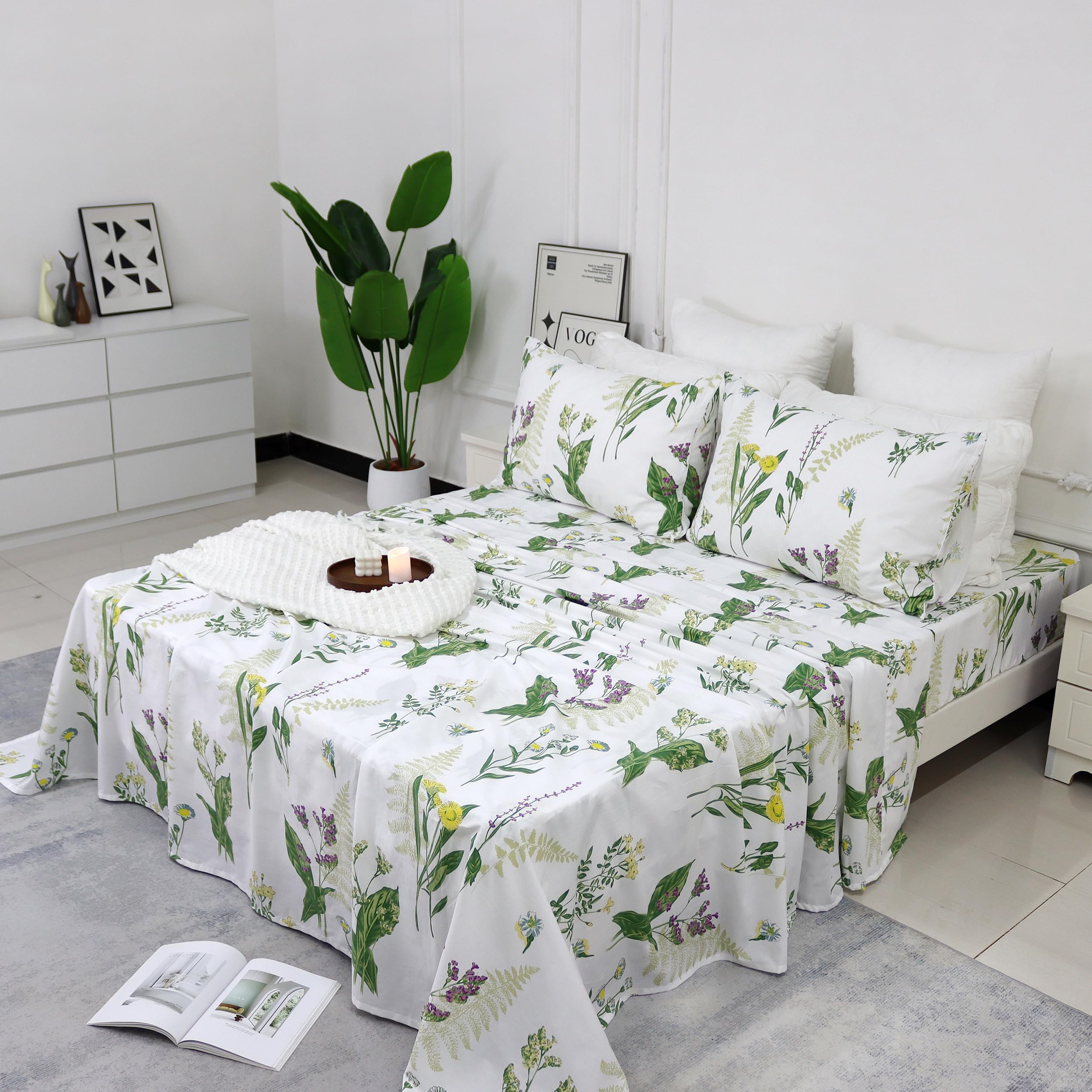 FADFAY California King Size Sheets Set Premium 100% Cotton Green Floral Bed Sheet Botanical Lavender Leaf Daisy White Deep Pocket Fitted Sheet Soft Shabby Sheets Pillowcases Set 4Pcs, Cal King