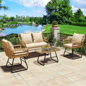 YITAHOME Patio Furniture Wicker Outdoor Bistro Set, 4-Piece All Weather Patio Furniture Rattan Conversation Loveseat Sets for Backyard, Balcony and Deck, Light Brown+Beige