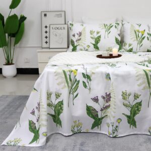 FADFAY California King Size Sheets Set Premium 100% Cotton Green Floral Bed Sheet Botanical Lavender Leaf Daisy White Deep Pocket Fitted Sheet Soft Shabby Sheets Pillowcases Set 4Pcs, Cal King