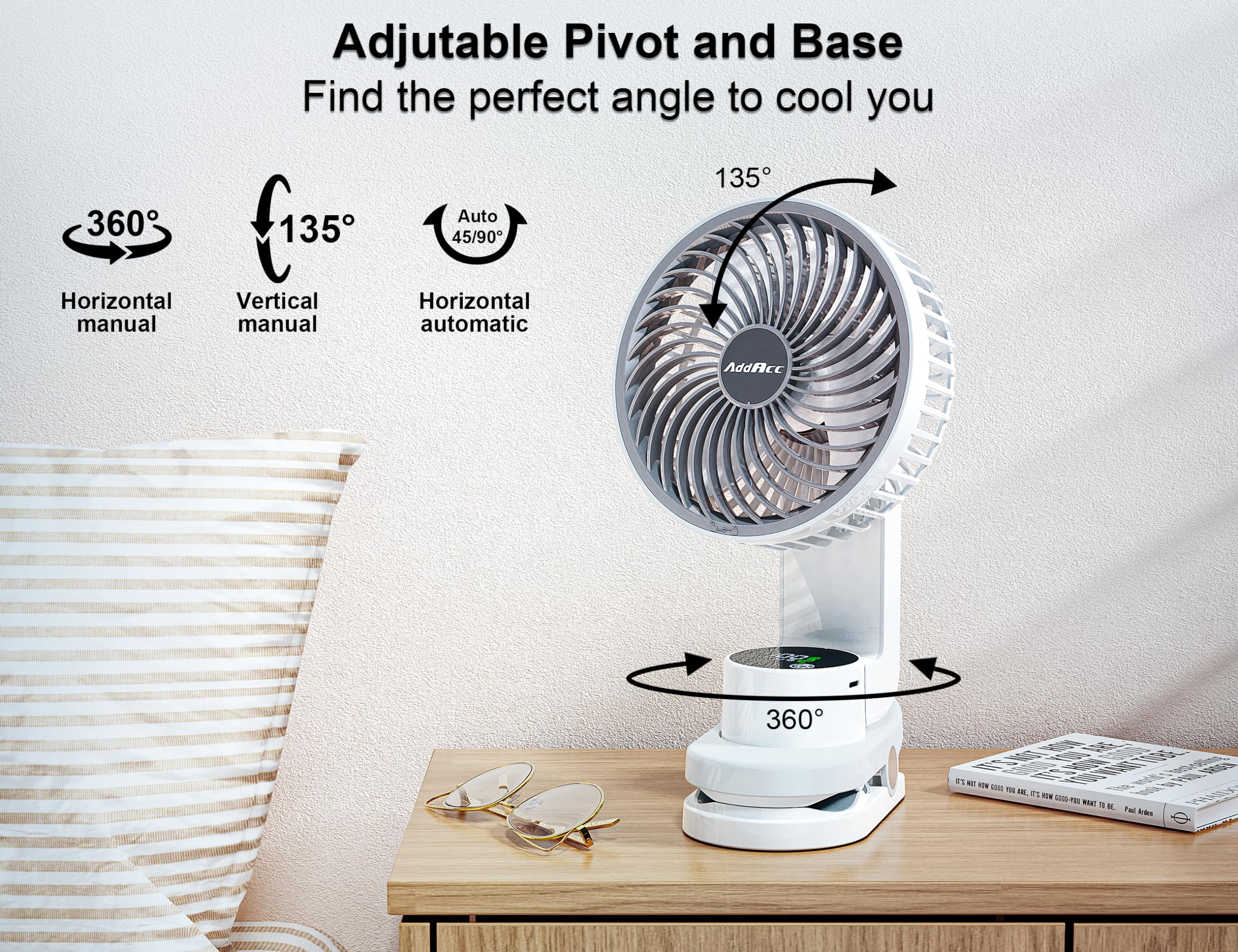 AddAcc Small Desk Fan, Rechargeable Clip On Fan with Atmosphere Light & Hook, Battery Operated Table Fan, Ultra Quiet, 9 Speed Auto Oscillation Desktop Fan for Bedroom Office Home Travel Camping