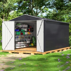 polar aurora 8 x 12 ft outdoor storage shed, metal garden shed with updated frame structure, tool sheds for backyard garden patio lawn black