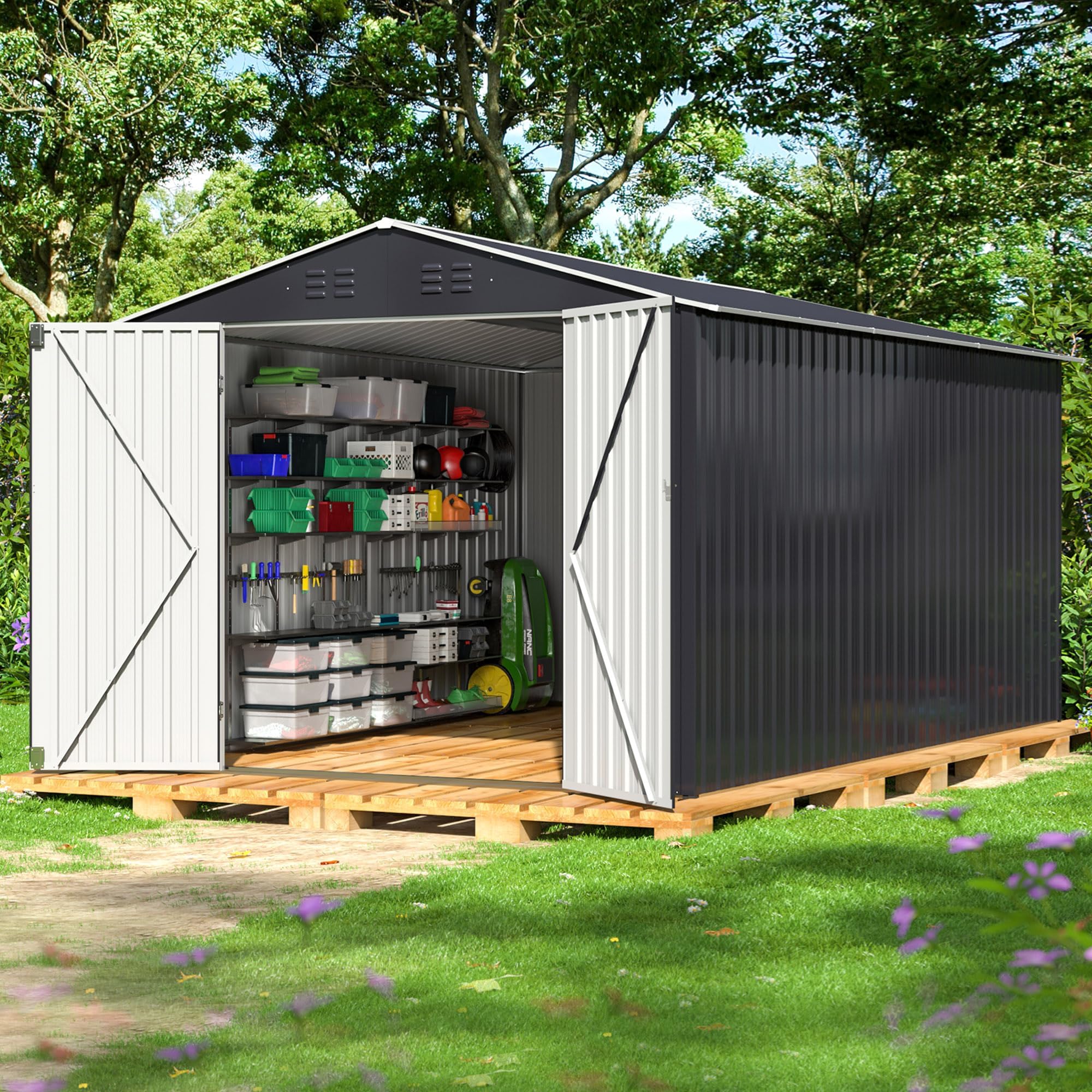 Polar Aurora 8 x 12 FT Outdoor Storage Shed, Metal Garden Shed with Updated Frame Structure, Tool Sheds for Backyard Garden Patio Lawn Black