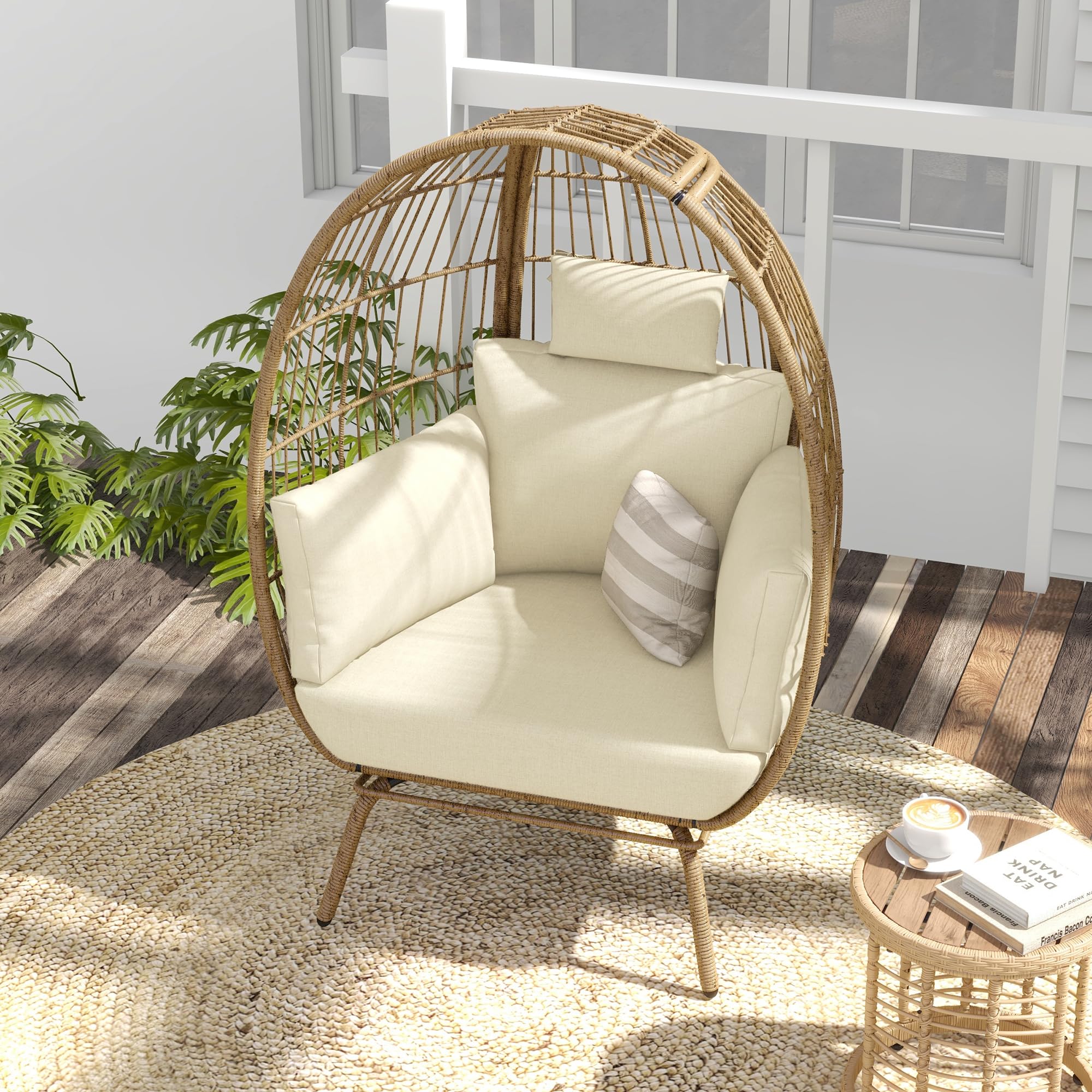 YITAHOME Outdoor Egg Chair, 370lbs Capacity Wicker Patio Basket Chair, All-Weather Oversized Stationary Egg Lounger Chair for Indoor Living Room Outside Balcony Backyard (Beige)