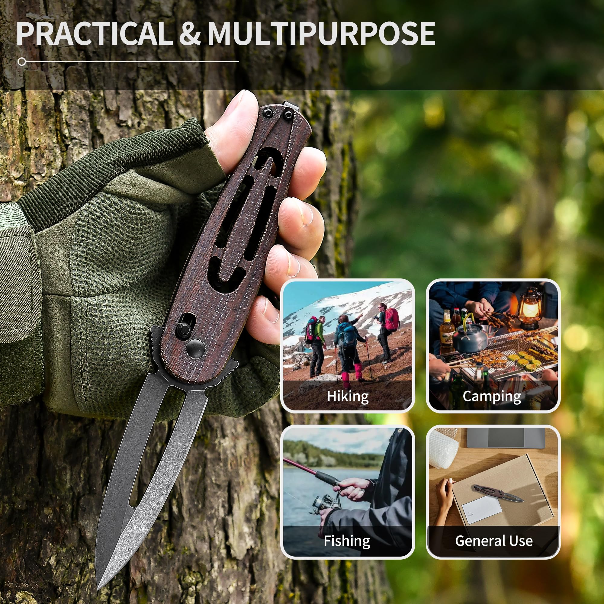 Cohesion Pocket Knives & Folding Knives - D2 Steel Blade Micarta Handle Reversible Pocket Clip, EDC Knife for Camping