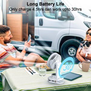 AddAcc Small Desk Fan, Rechargeable Clip On Fan with Atmosphere Light & Hook, Battery Operated Table Fan, Ultra Quiet, 9 Speed Auto Oscillation Desktop Fan for Bedroom Office Home Travel Camping