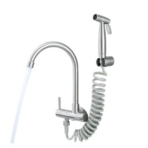 304 Stainless Steel Kitchen Faucet Wall Mounted Double Handle Single Cold Water Faucet Sprayer Balcony Sitz Bath Nozzle (Color : A)