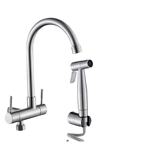 304 Stainless Steel Kitchen Faucet Wall Mounted Double Handle Single Cold Water Faucet Sprayer Balcony Sitz Bath Nozzle (Color : A)