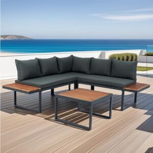 CABSETT 4 Piece Outdoor Furniture Set, L-Shaped Patio Wicker Sectional Sofa Seating Group Conversation Sets Built-in Side Tables and Cushions Suit for Gathering, Rustproof & Weatherproof, Dark Gray