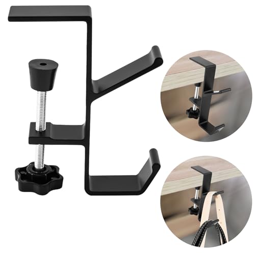 Desk Mount Bag Holder Hook Clamp,On Backpack Hanger Portable Desk Mount Headphones Holder for Reduce Desk Clutter Table Desk Table Hanging Storage (1 Pcs-Double Hook Black)