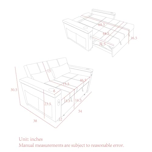 Convertible Pull Out Sleeper Sofa Bed Double Seat Recliner Futon Couch with Cupholders Armrests and Side Pockets, Adjustable Loveseat Chaise Lounge with USB Power Outlet and Lumbar Pillow for Office