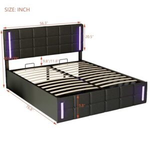 Bellemave Bed Frame,Upholstered Queen Platform Bed with Lift Up Storage, LED Lights and USB Charging, Faux Leather Bed Frame with Headboard and Slat Support (Black, Full Size)