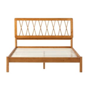 Walker Edison Queen Transitional Geometric X Pattern Headboard Solid Wood Bed, Queen Size, Caramel