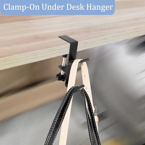 Desk Mount Bag Holder Hook Clamp,On Backpack Hanger Portable Desk Mount Headphones Holder for Reduce Desk Clutter Table Desk Table Hanging Storage (1 Pcs-Double Hook Black)